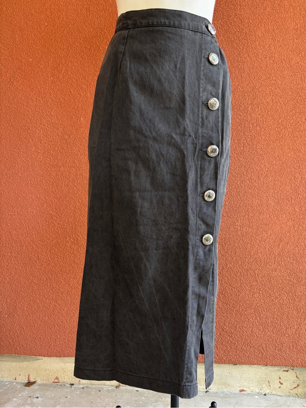Vintage Charcoal Maxi Skirt with Side Button Placket